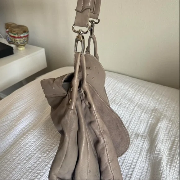 Tan Shoulder Bag with Perforated Design and Braided Strap - Picture 2 of 4